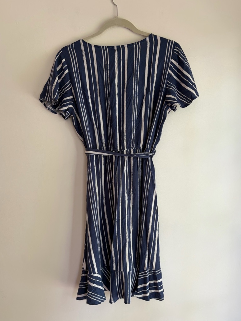 Naif Navy Blue and White Striped Wrap Front Belted Ruffle Dress Size L - Picture 6 of 7